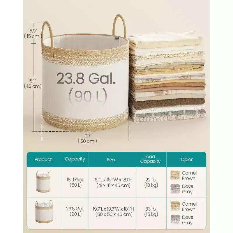 Cesto portabiancheria singolo con coperchio e manici, Marrone cammello/Grigio tortora – 90 litri