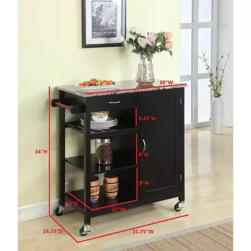 Carrello da Cucina Stile Rustico Bianco/Nero con Piano in Marmo – Uso Singolo