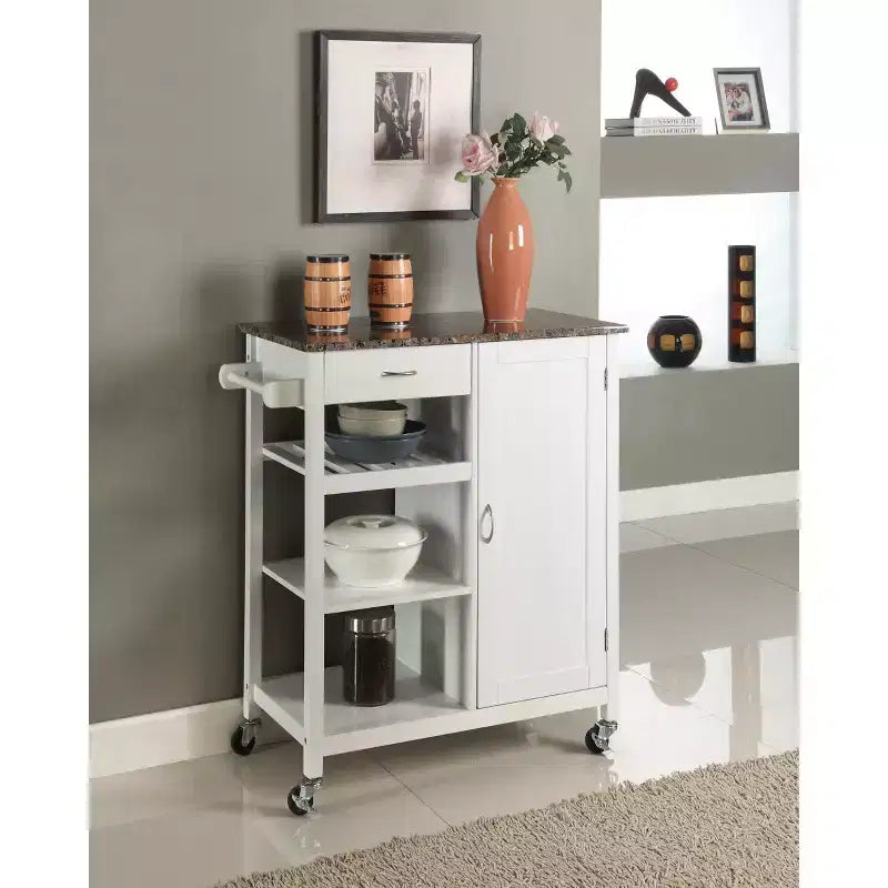 Carrello da Cucina Stile Rustico Bianco/Nero con Piano in Marmo – Uso Singolo