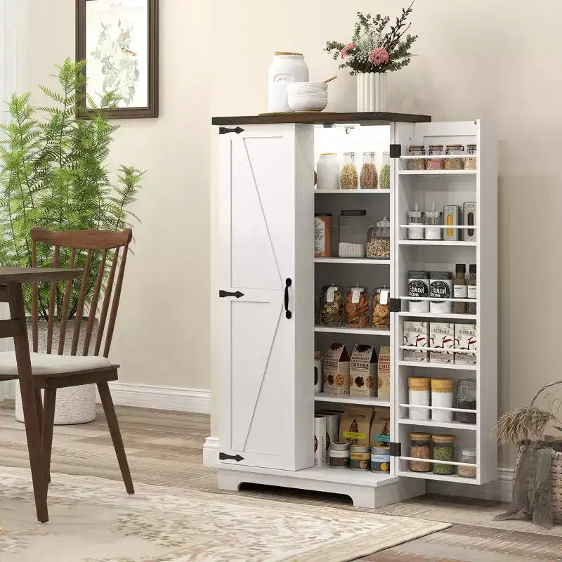 Mobile dispensa da cucina bianco stile fattoria con luce a LED, stile porta scorrevole