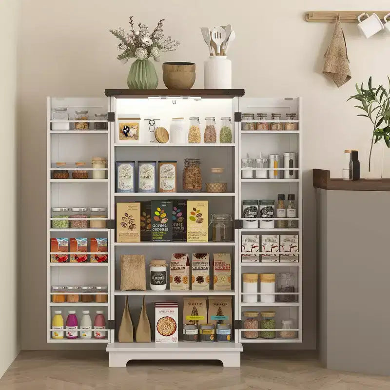 Mobile dispensa da cucina bianco stile fattoria con luce a LED, stile porta scorrevole