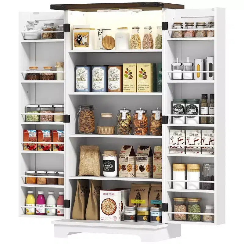 Mobile dispensa da cucina bianco stile fattoria con luce a LED, stile porta scorrevole
