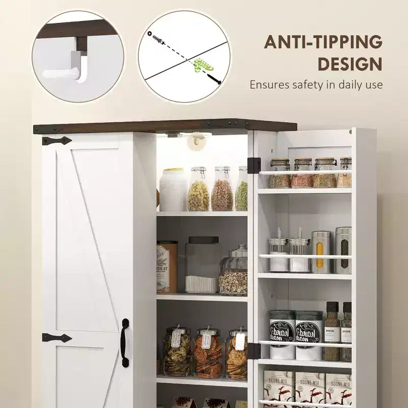 Mobile dispensa da cucina bianco stile fattoria con luce a LED, stile porta scorrevole
