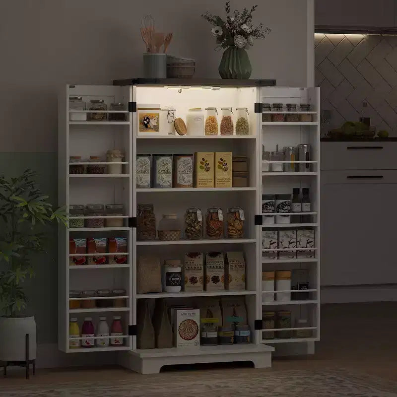 Mobile dispensa da cucina bianco stile fattoria con luce a LED, stile porta scorrevole
