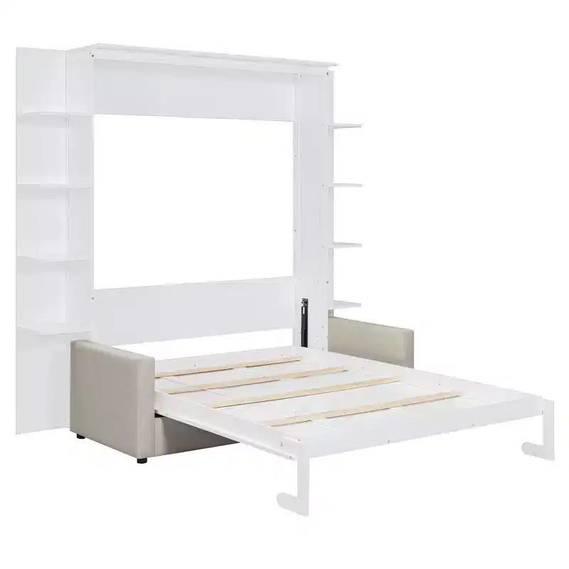 Letto a scomparsa matrimoniale a parete Gray/White con divano e mensole, 2 posti