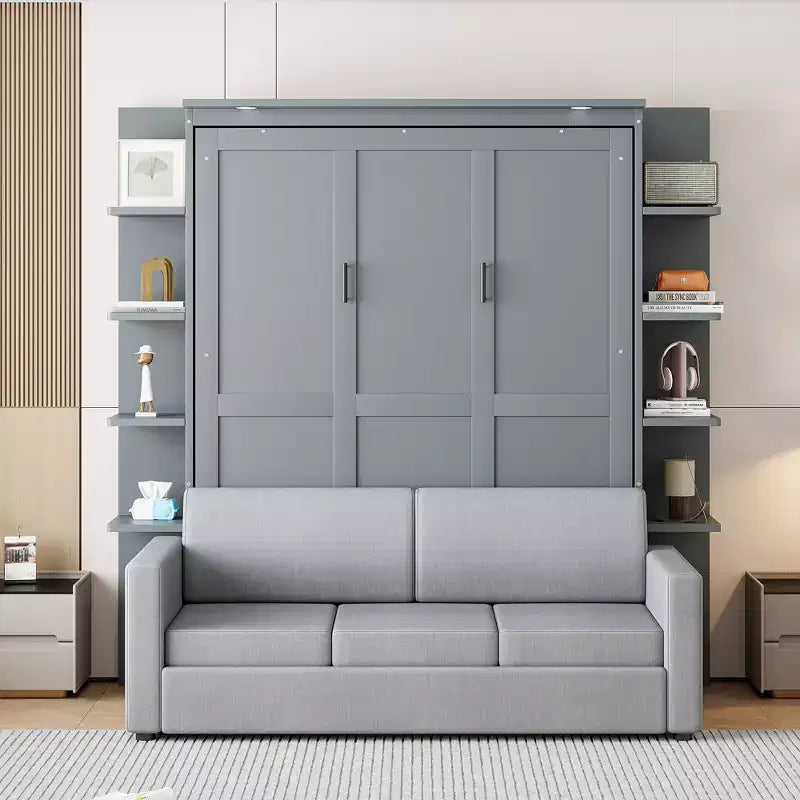 Letto a scomparsa matrimoniale a parete Gray/White con divano e mensole, 2 posti