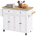 Isola da cucina su ruote, bianca / nera, carrello con ripiano in legno di gomma