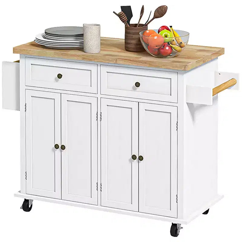 Isola da cucina su ruote, bianca / nera, carrello con ripiano in legno di gomma