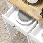 Isola da cucina su ruote, bianca / nera, carrello con ripiano in legno di gomma