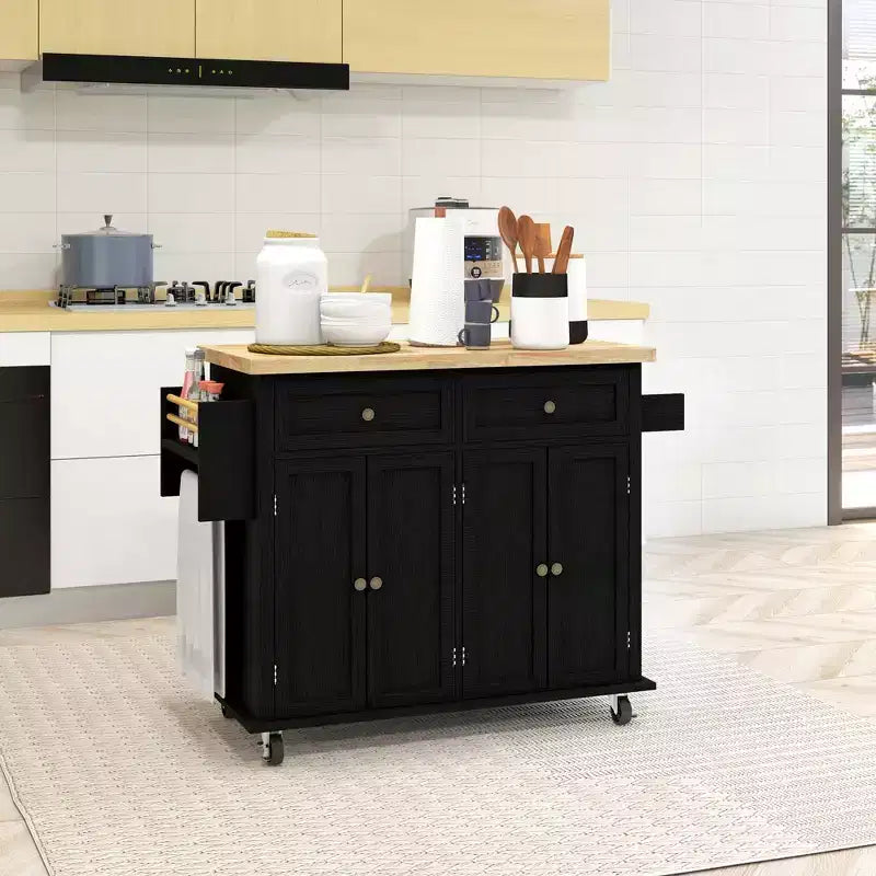 Isola da cucina su ruote, bianca / nera, carrello con ripiano in legno di gomma