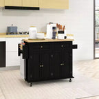 Isola da cucina su ruote, bianca / nera, carrello con ripiano in legno di gomma