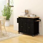 Isola da cucina su ruote, bianca / nera, carrello con ripiano in legno di gomma