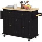 Isola da cucina su ruote, bianca / nera, carrello con ripiano in legno di gomma