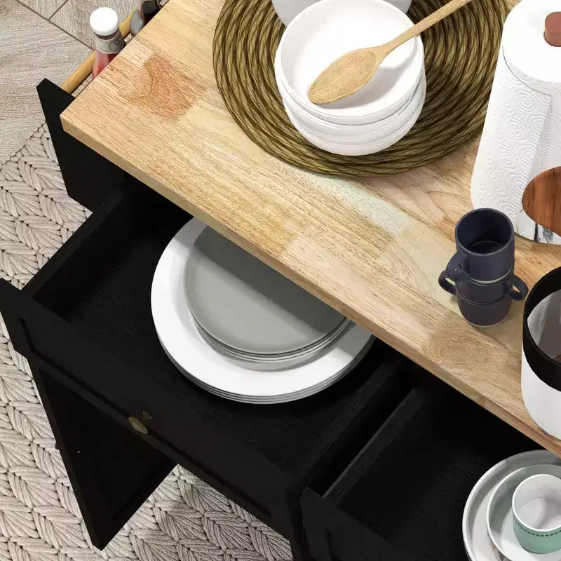Isola da cucina su ruote, bianca / nera, carrello con ripiano in legno di gomma