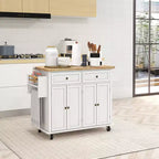 Isola da cucina su ruote, bianca / nera, carrello con ripiano in legno di gomma