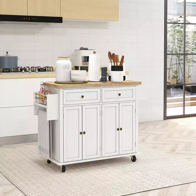 Isola da cucina su ruote, bianca / nera, carrello con ripiano in legno di gomma