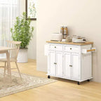 Isola da cucina su ruote, bianca / nera, carrello con ripiano in legno di gomma