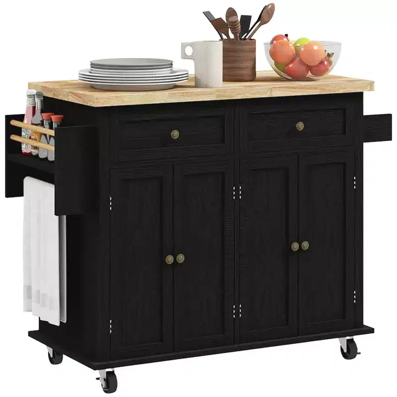 HOMCOM Kitchen Island on Wheels, Rolling Cart with Rubber Wood Top, Spice Rack, Towel Rack & Drawers for Dining Room