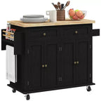 HOMCOM Kitchen Island on Wheels, Rolling Cart with Rubber Wood Top, Spice Rack, Towel Rack & Drawers for Dining Room
