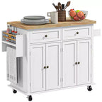 Isola da cucina su ruote, bianca / nera, carrello con ripiano in legno di gomma
