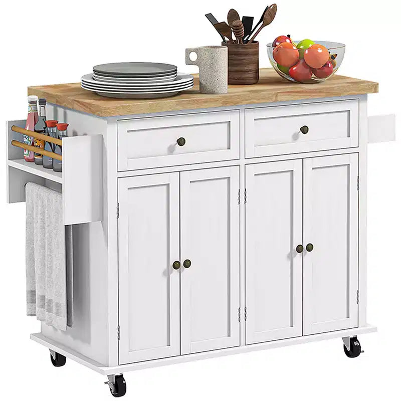 Isola da cucina su ruote, bianca / nera, carrello con ripiano in legno di gomma