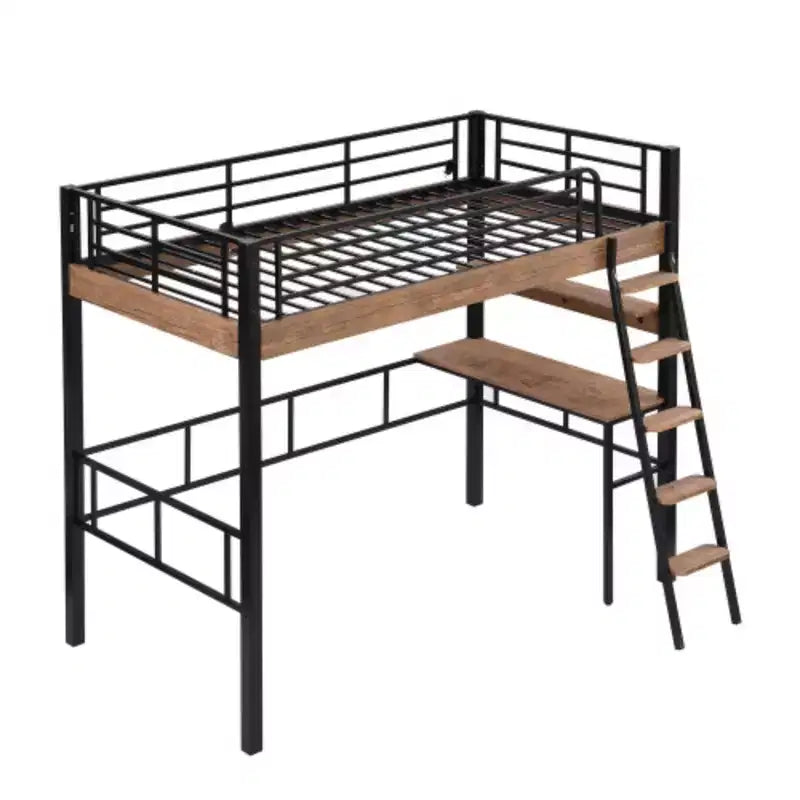 Letto a soppalco singolo in metallo nero con scrivania e scaffale, 1 persona