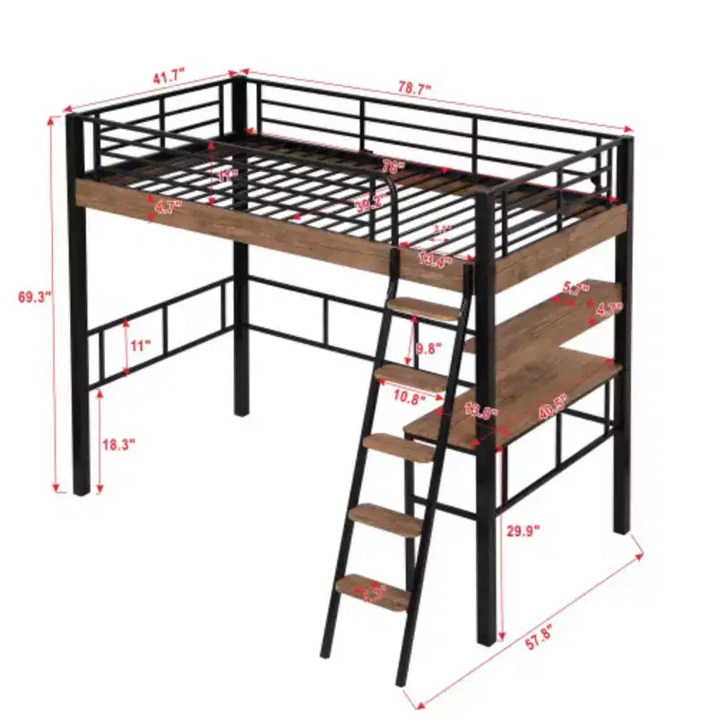Letto a soppalco singolo in metallo nero con scrivania e scaffale, 1 persona