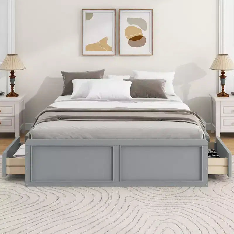 Letto a piattaforma Queen con 6 cassetti portaoggetti – Espresso / Grigio / Bianco, 1 posto letto