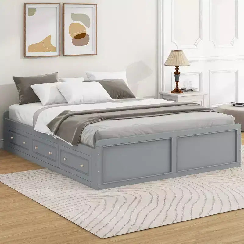 Letto a piattaforma Queen con 6 cassetti portaoggetti – Espresso / Grigio / Bianco, 1 posto letto