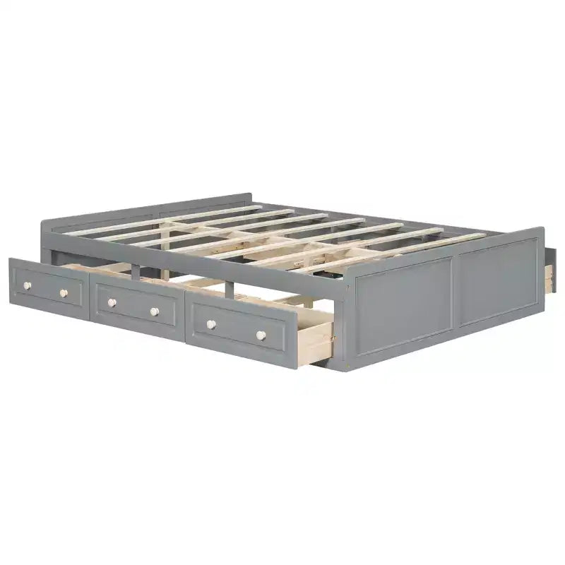 Letto a piattaforma Queen con 6 cassetti portaoggetti – Espresso / Grigio / Bianco, 1 posto letto