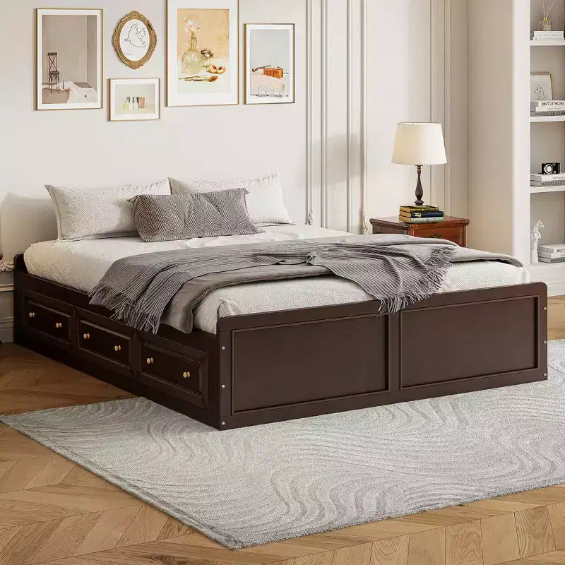 Letto a piattaforma Queen con 6 cassetti portaoggetti – Espresso / Grigio / Bianco, 1 posto letto