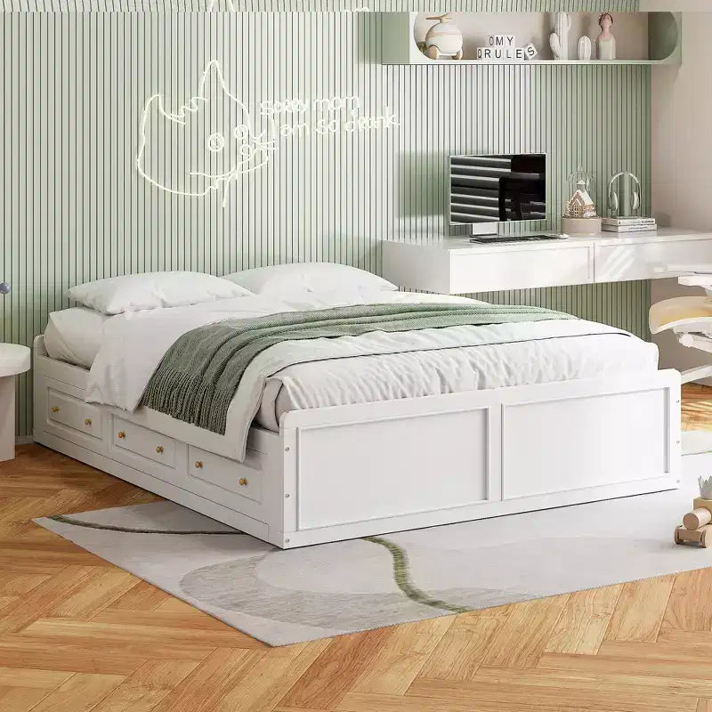 Letto a piattaforma Queen con 6 cassetti portaoggetti – Espresso / Grigio / Bianco, 1 posto letto