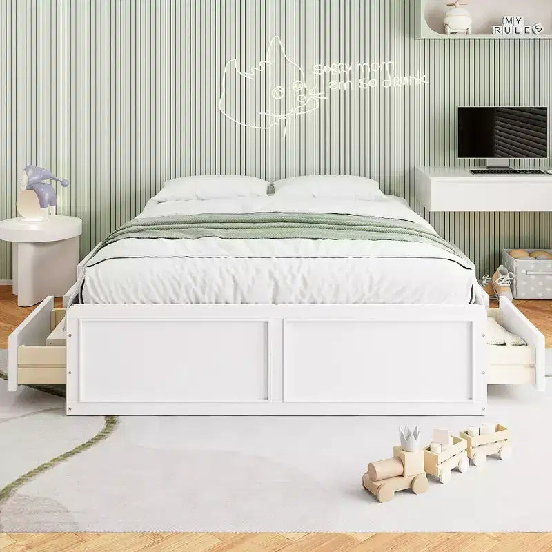 Letto a piattaforma Queen con 6 cassetti portaoggetti – Espresso / Grigio / Bianco, 1 posto letto