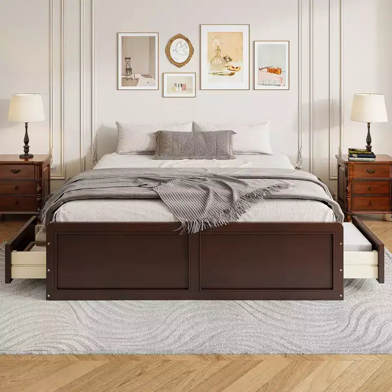 Letto a piattaforma Queen con 6 cassetti portaoggetti – Espresso / Grigio / Bianco, 1 posto letto