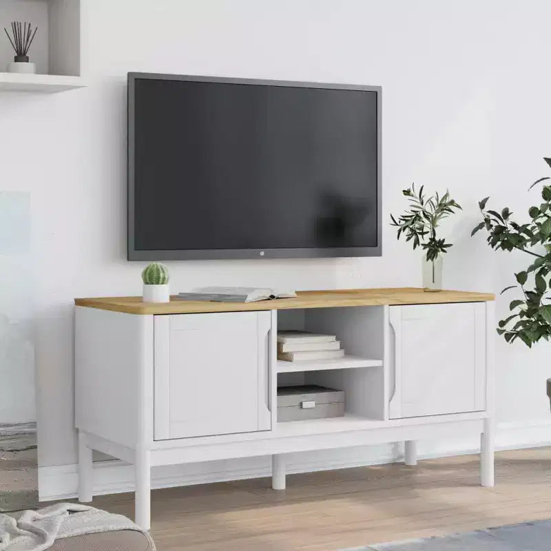 Mobile TV bianco a 2 ante, pino massiccio, adatto per TV fino a 49"
