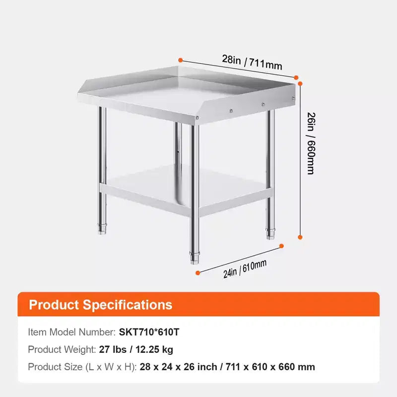 Tavolo da lavoro in acciaio inossidabile argento per 1 persona, 2 ripiani, 61 cm (L) x 71 cm (P) x 66 cm (A)