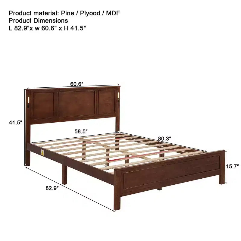 Walnut/White Queen/King Bed Frame with LED Lights & USB Charging, 2-Person