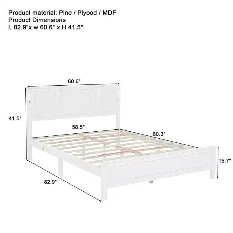 Walnut/White Queen/King Bed Frame with LED Lights & USB Charging, 2-Person