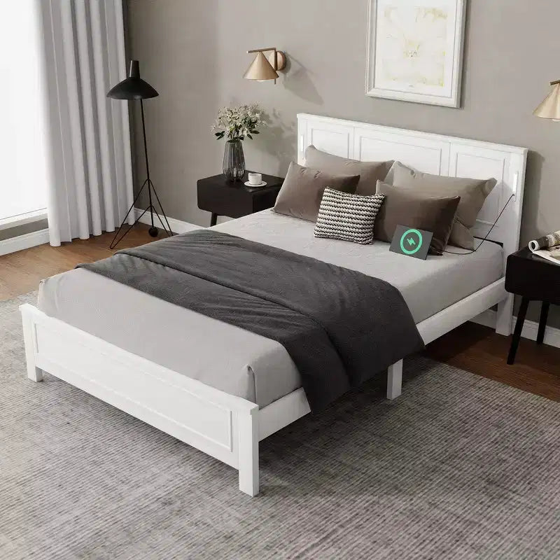 Walnut/White Queen/King Bed Frame with LED Lights & USB Charging, 2-Person