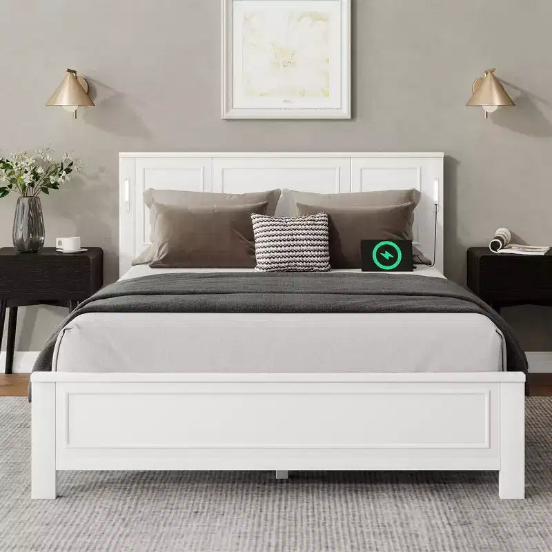 Walnut/White Queen/King Bed Frame with LED Lights & USB Charging, 2-Person