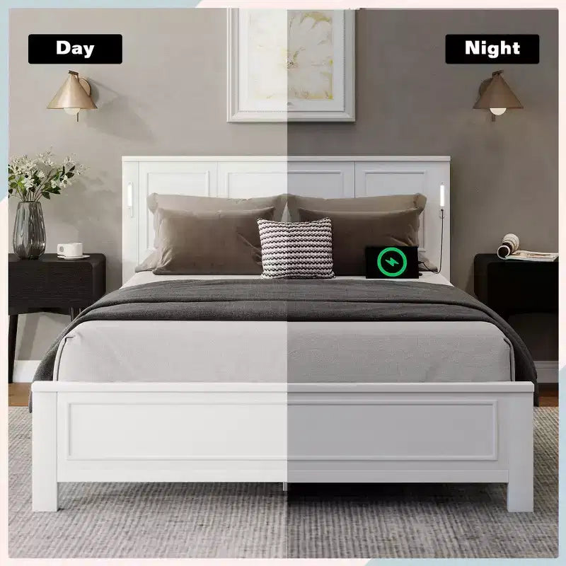 Walnut/White Queen/King Bed Frame with LED Lights & USB Charging, 2-Person