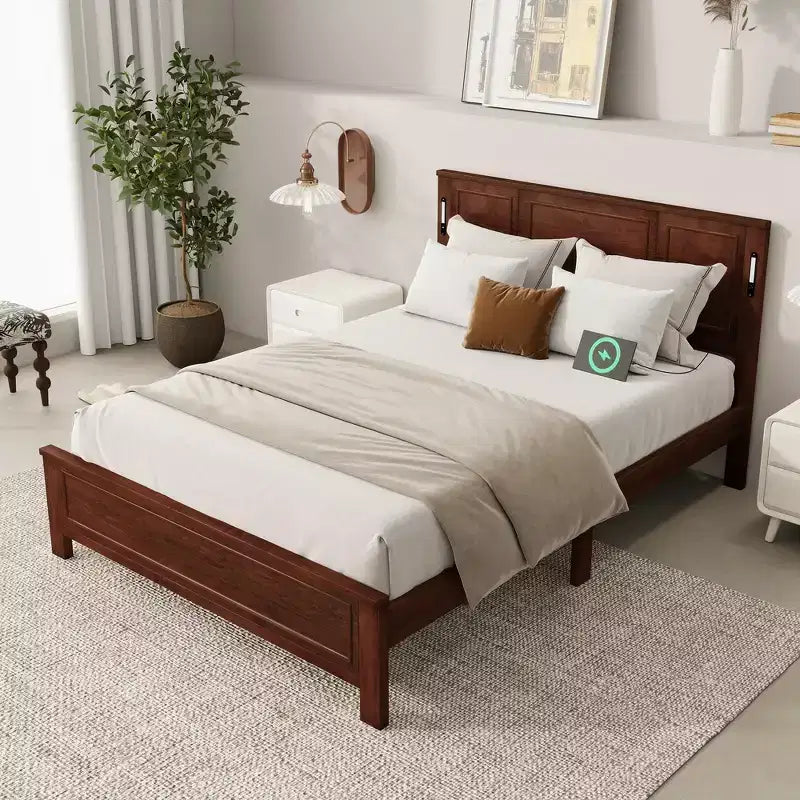Walnut/White Queen/King Bed Frame with LED Lights & USB Charging, 2-Person