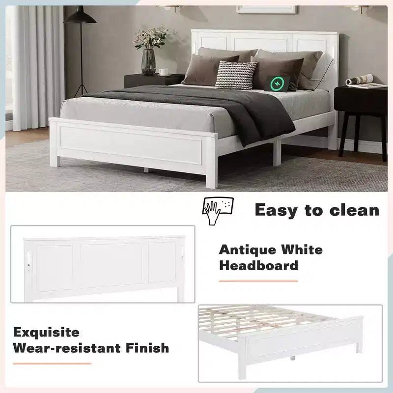 Walnut/White Queen/King Bed Frame with LED Lights & USB Charging, 2-Person