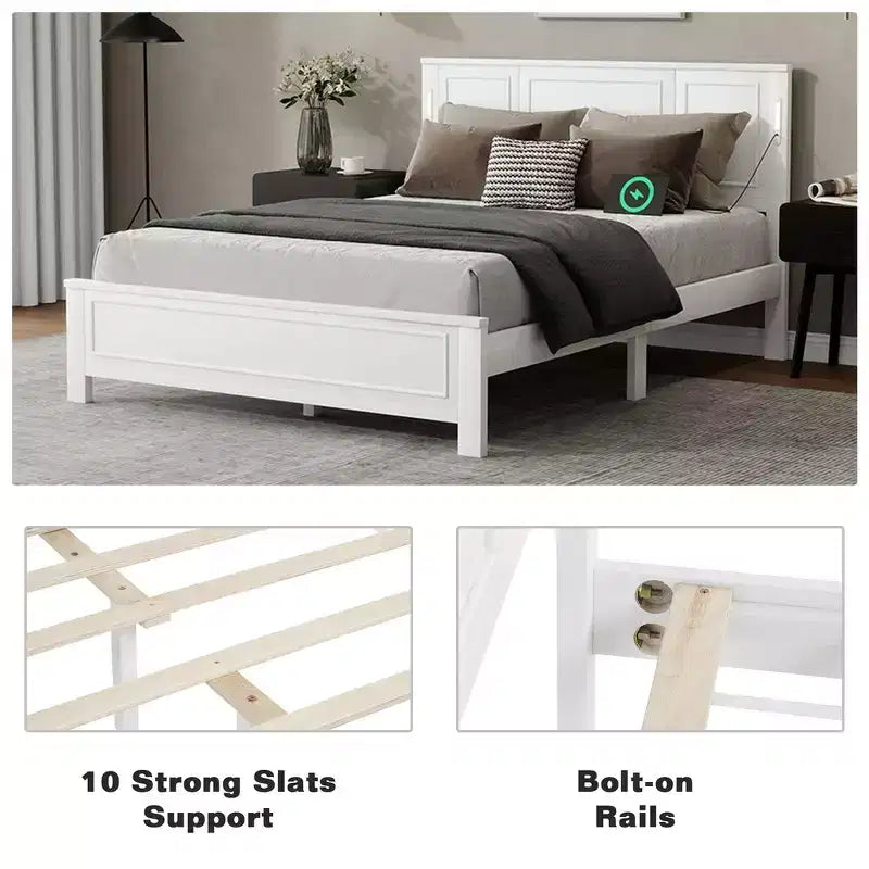 Walnut/White Queen/King Bed Frame with LED Lights & USB Charging, 2-Person