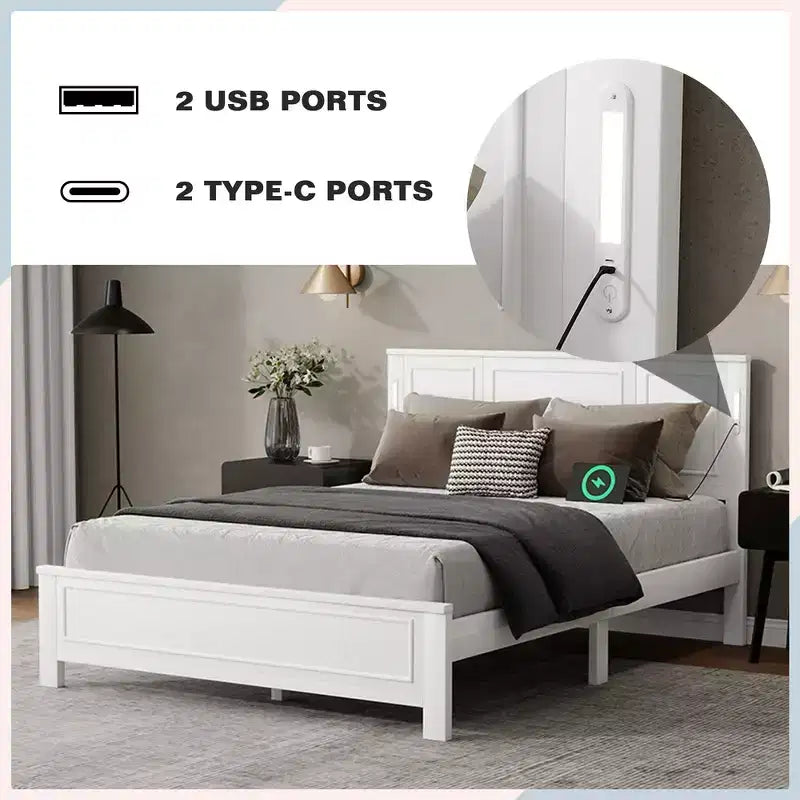 Walnut/White Queen/King Bed Frame with LED Lights & USB Charging, 2-Person