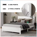Walnut/White Queen/King Bed Frame with LED Lights & USB Charging, 2-Person