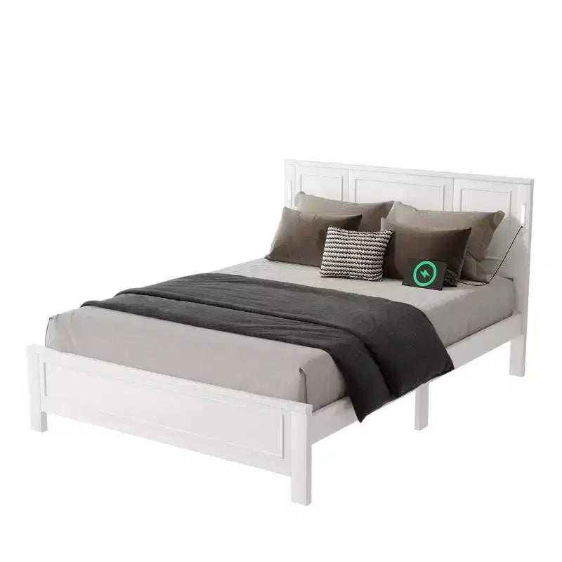 Walnut/White Queen/King Bed Frame with LED Lights & USB Charging, 2-Person
