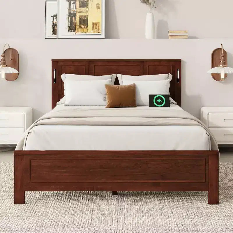 Walnut/White Queen/King Bed Frame with LED Lights & USB Charging, 2-Person