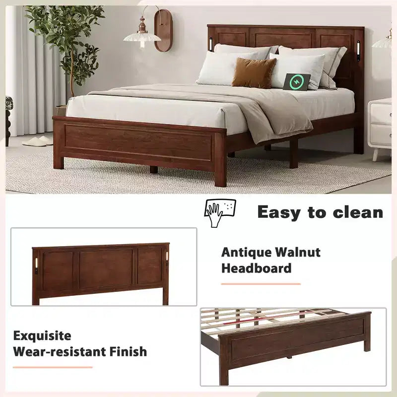 Walnut/White Queen/King Bed Frame with LED Lights & USB Charging, 2-Person
