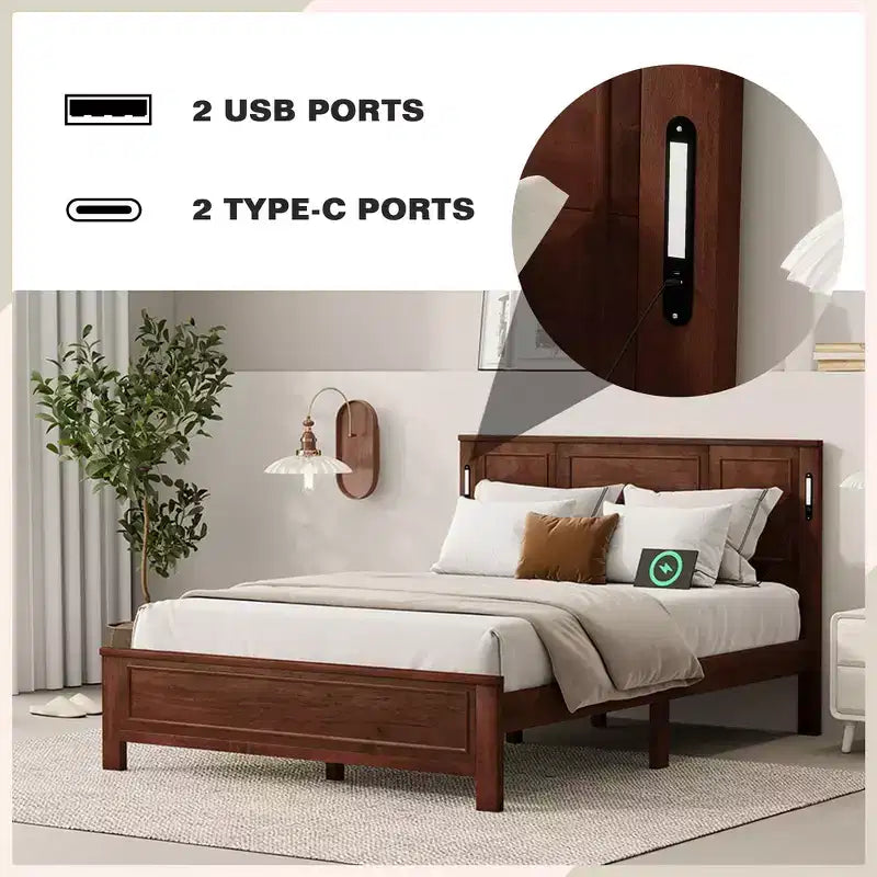 Walnut/White Queen/King Bed Frame with LED Lights & USB Charging, 2-Person